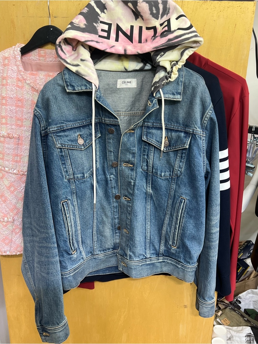 Celine Blue Denim Jacket with Multicolor Tie-Dye Hood